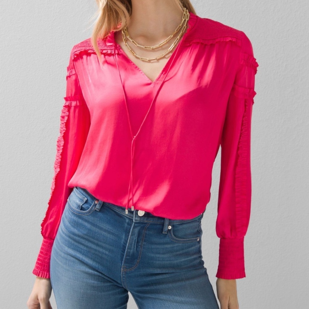White House Black Market Tie-Neck Ruffle-Sleeve Blouse size M
